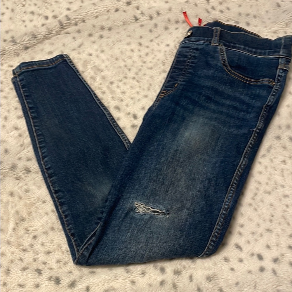 SPANX Blue Skinny Jeans with Distressed Details and Stretch